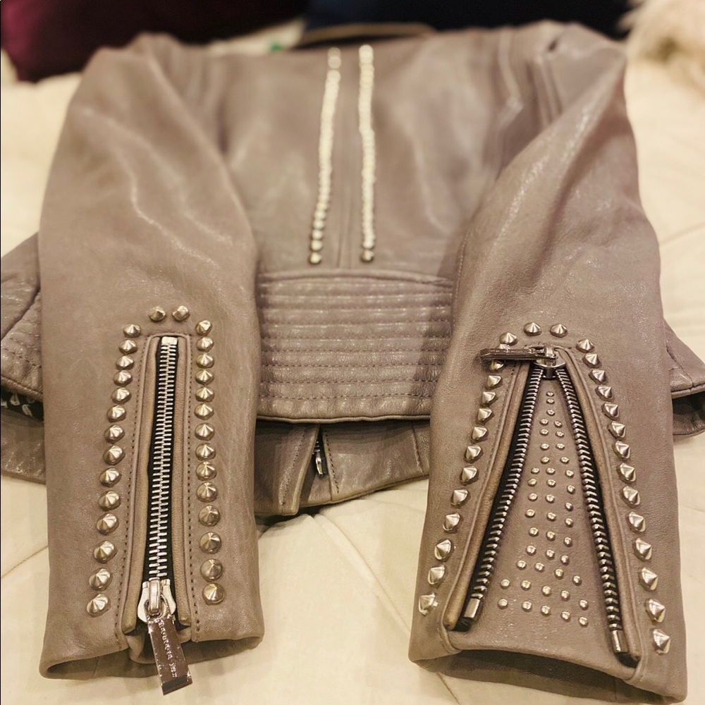 “Grey Studded Leather Moto Jacket – Biker Chic”